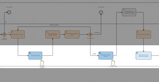 Diagrama BPMN del proceso de registro y automatización de leads, con carriles separados por rol